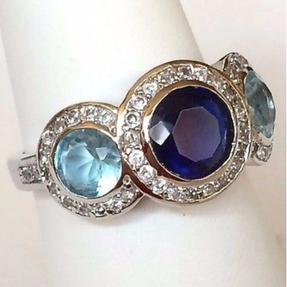 Silver Sapphire Victorian Gypsy Ring Size 10 Aquamarine Cubic Zirconia Rhodium - Picture 3 of 8